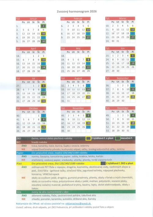 Harmonogram vývozov komunálneho odpadu a speravaného odpadu r. 2026 Harmonogram vývozov komunálneho odpadu a speravaného odpadu r. 2026